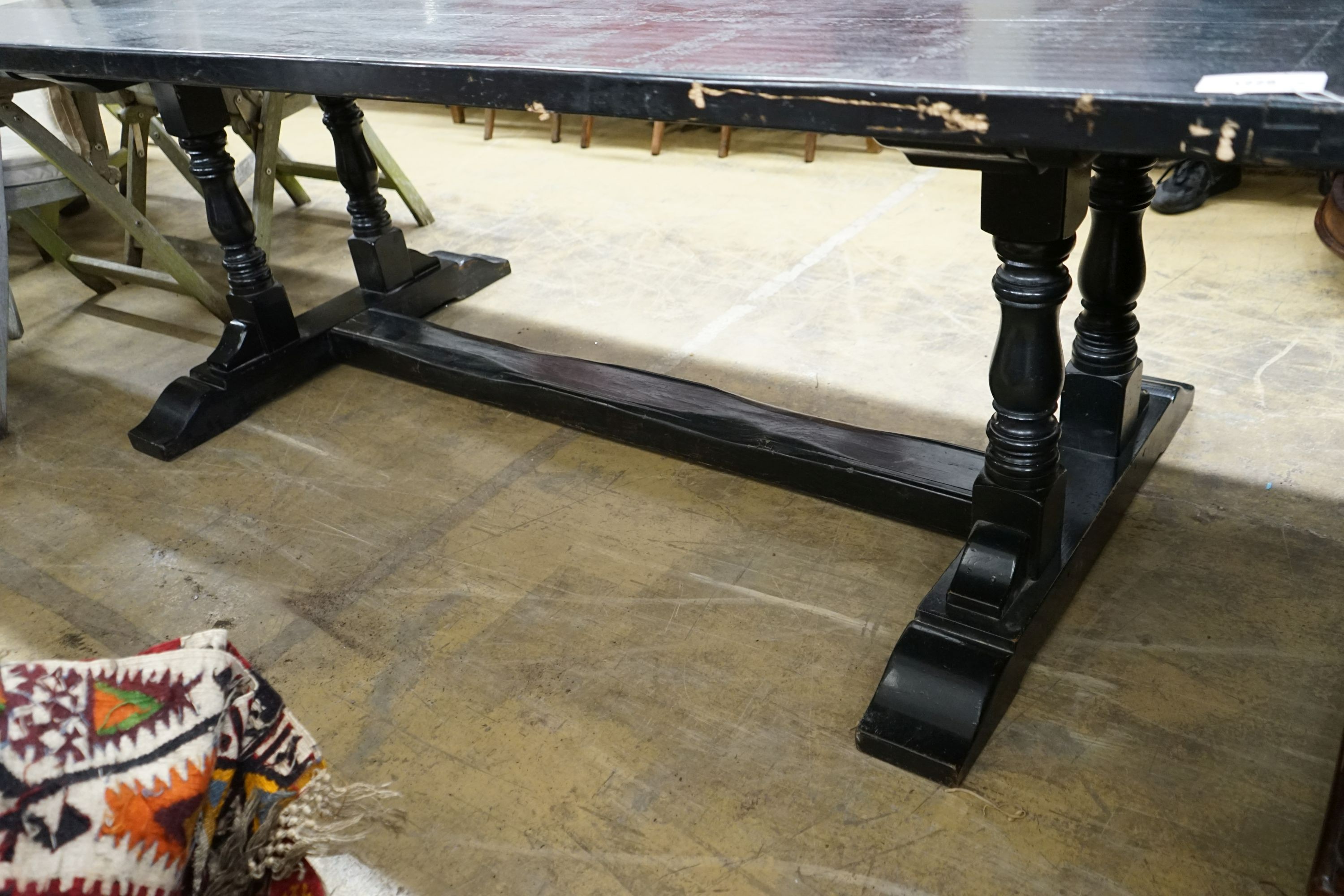 An 18th century style rectangular painted oak refectory dining table, length 229cm, depth 98cm, height 76cm